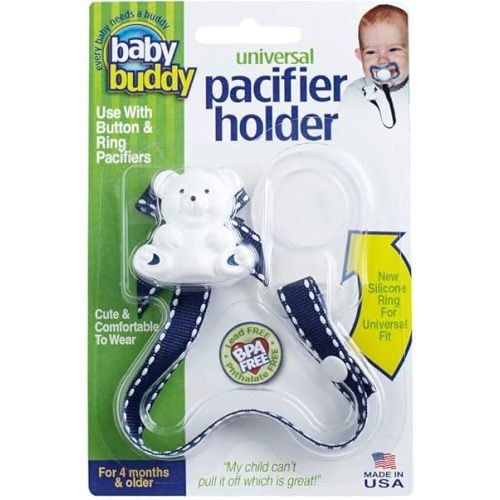 Universal Pacifier Holder Clip by Baby Buddy- Snaps to Paci or Attach with Universal-Fit Silicone Ring, Pacifier Clip Baby Items for 4 Months Old Through Toddler Boys & Girls, Navy with White Stitch