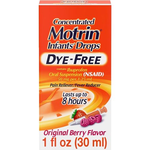 Motrin Infants' Oral Suspension Concentrated Liquid Medicine Drops with Ibuprofen, NSAID Fever Reducer & Pain Reliever for Babies, Dye Free, Alcohol-Free, Original Berry Flavor, 1 fl. oz - Mortin's Infant - 1 Fl Oz (Pack of 1)
