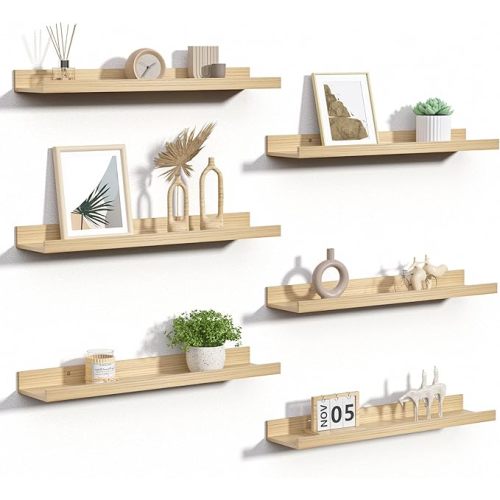 upsimples Floating Shelves for Wall, 23.6 Inch Shelves for Decor Storage Set of 6, Wall Mounted Wood Shelf for Bedroom, Living Room, Bathroom, Kitchen, Long Picture Ledge Shelves, Natural