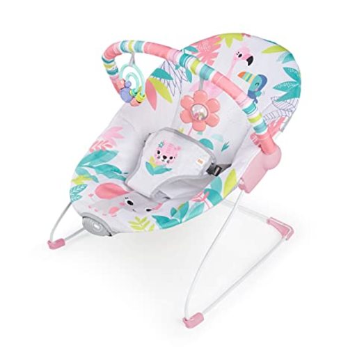Bright Starts Baby Bouncer Soothing Vibrations Infant Seat - Removable-Toy Bar, Nonslip Feet, 0-6 Months Up to 20 lbs (Flamingo Vibes, Pink)