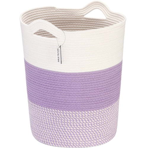 Sea Team Large Size Cotton Rope Woven Storage Basket Laundry Hamper with Handles, 14 x 20 inches, White & Mottled Lavender