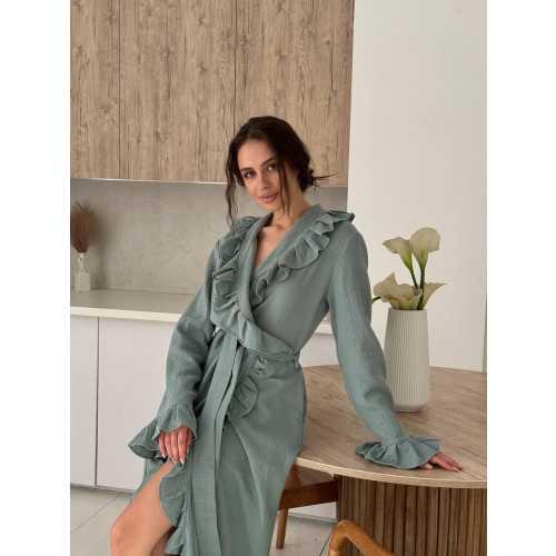 Cotton robe with ruffles, olive robe, summer robe for women, robe bridesmaids, elegant robe.