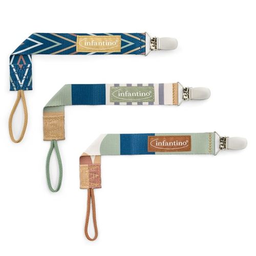 Infantino 3-Pack Pacifier Clip Holders, Universal Fit, Gentle on Clothes, Keeps Pacifiers Clean & Close, Ages 0-36 Months, Geometric Blue