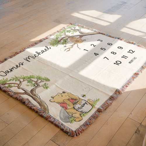 Personalized Winnie the Pooh Milestone Blanket, Custom Baby Name Monthly Photo, Newborn Keepsake Blanket, Baby Shower Gift, Nursery Decor