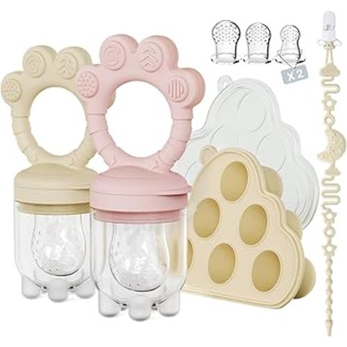 2 Pack Baby Fruit Food Feeder+Breastmilk Popsicle Molds,Baby Teethers,BPA Free,2mm Fine Holes to Prevent Choking,Perfect for Teething Relief & Infant Solid Food Introduction,3 M+( Mauve Pink, Cream)