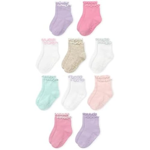 Fruit of the Loom Ruffle Socks for Girls - Cotton Grip Socks for Baby & Toddler