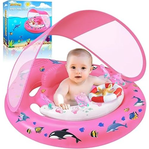Baby Pool Float with Canopy UPF50+ Sun Protection, Inflatable Kids Pool Floats with Toy Play Console for Baby 6-36 Months, Infant Swimming Float with Adjustable Safety Seat for Boys Girls