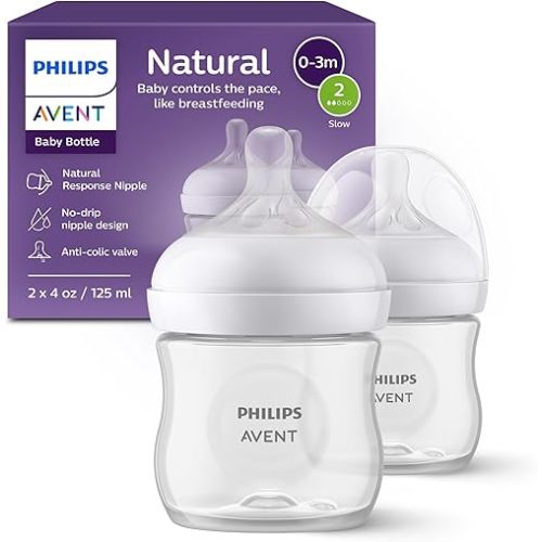 Philips Avent Natural Baby Bottles with Natural Response Nipples (Slow Flow, Flow 2), 4oz, 2-pack, SCY900/02