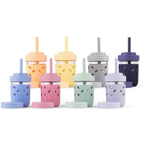 Elk and Friends Kids + Toddler Glass Cups | The Original 8oz Glass Mason Jar with Sleeves + Lids | Silicone Straws + Stopper | Smoothie Cup | Food Storage | Spill Resistant | Dishwasher Safe | 8 Pack