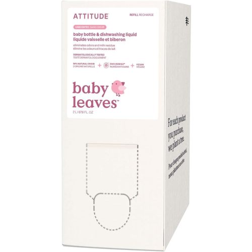 ATTITUDE Baby Dish Soap and Bottle Cleaner, EWG Verified Dishwashing Liquid, No Added Dyes or Fragrances, Tough on Milk Residue and Grease, Vegan, Vegan, Unscented, Bulk Refill, 67.6 Fl Oz