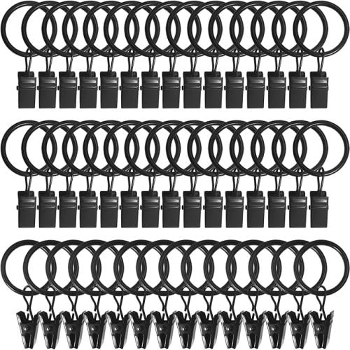 Curtain Rings with Clips, 1 inch ID, 44 Pack, Black