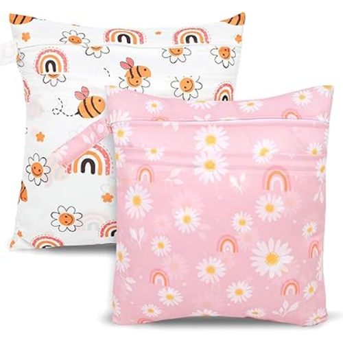 2pcs Cloth Diaper Wet Dry Bags, Waterproof Reusable Wet Bag with 2 Zipper Pockets & Handle, Washable Laundry Bags for Baby Adult Clothes Travel Beach Pool Daycare Yoga Gym Exercise Swimsuits,