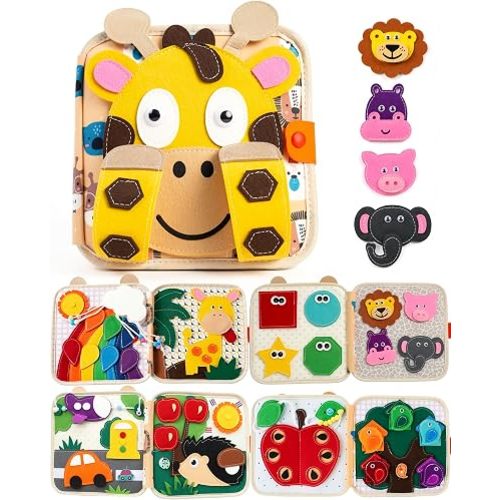 Montessori Busy Book, 8-Page Sensory Activity Toy, Giraffe