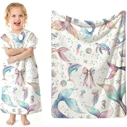 SPBL&L Ocean Mermaid Girls Blanket, Coastal Preppy Beach Marine Life Kids Throw Blanket Gifts for Baby Girl Nursery Room Bedroom Dorm Couch Bed Decor, Mermaid Room Decor for Girls,29.5x40Inch