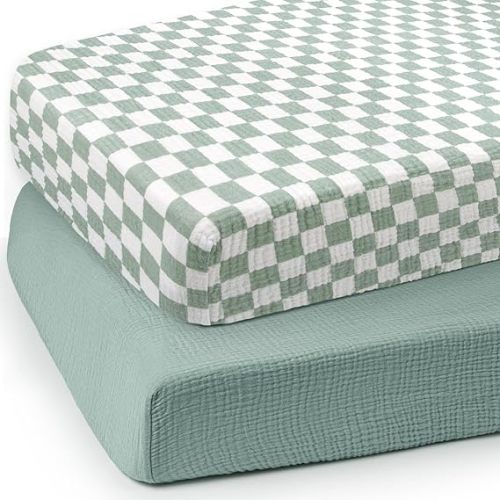 lulumoon Baby Muslin Crib Sheets: Soft & Breathable Fitted Crib Sheets for Boys - Green Square Sheets for Standard Crib 2Pack