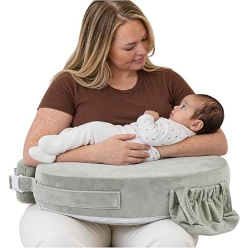 My Brest Friend Super Deluxe Nursing Pillow, Platinum, Light Grey with Soft Sage Tone | Firm Flat Breastfeeding Pillow, Two Feeding Risers, 6 in Backrest, Lumbar Support, Strap Fits Waists 28 to 44 in