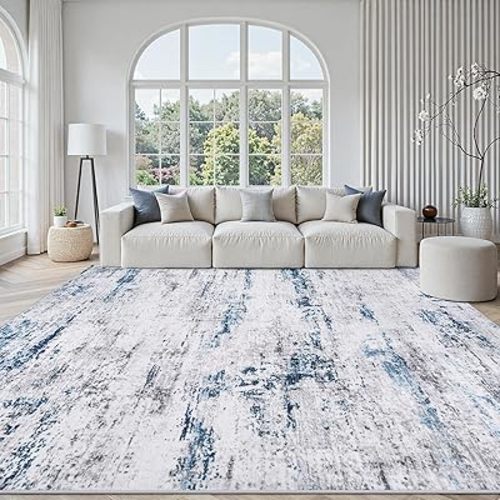 Area Rug Living Room Rugs: 8x10 Large Soft Indoor Carpet Modern Abstract Rug with Non Slip Rubber Backing for Under Dining Table Nursery Home Office Bedroom White Gray Blue