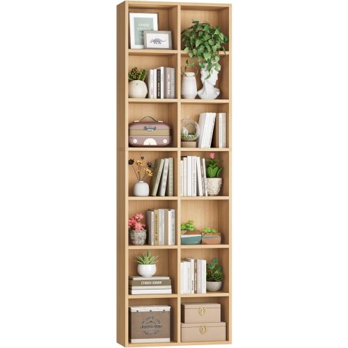 FOTOSOK 71'' Tall Bookshelf with 14 Cubes, 7 Tier Double Wide Wood Bookshelf with 6 Adjustable Shelves, 19.6" Narrow Bookcase DVD/CD Media Storage, Space Saving Display Shelf Cabinet, Natural