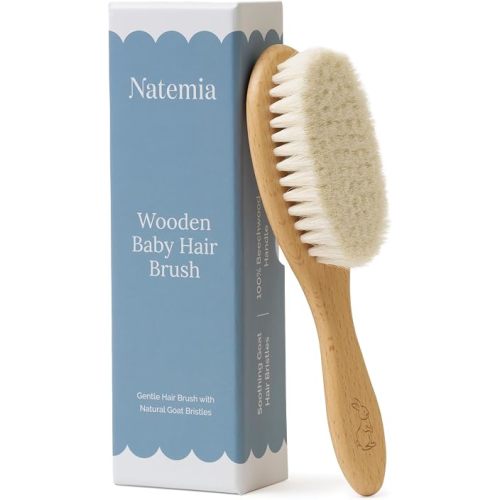 Natemia Wooden Baby Hair Brush - Natural Goat Hair Bristles - Gentle Soft Bristles for Scalp Massage - Cradle Cap Comb for Flake Removal - For Baby Grooming Kit & Toddler Hair Brush