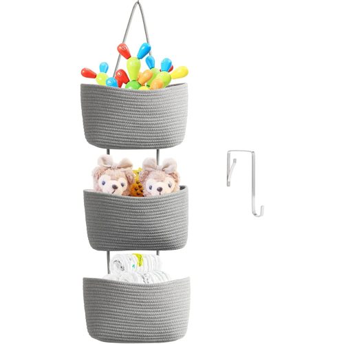 TeoKJ Over the Door Organizer, 3-Tier Woven Cotton Hanging Kitchen Baskets Storage Organizer Bag with Hooks Wall-Mounted Decorative Rope Baskets - Gray