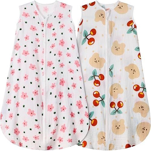 2 Pack Baby Sleep Sack 0-6 Months 100% Cotton Muslin Baby Sleeping Bag 2-Way Zipper Wearable Blankets (Flower & Cherry, Small)