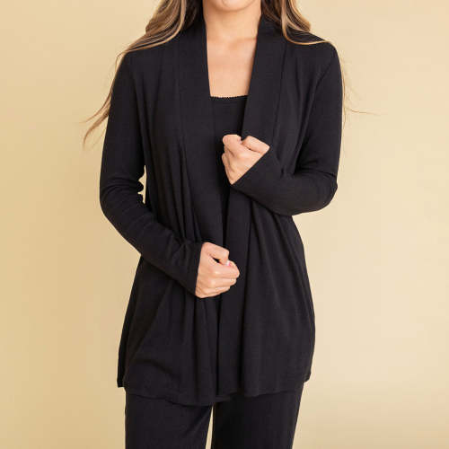 Solid Long Sleeve Women's Black Pointelle Fly Away Cardigan | Posh Peanut®