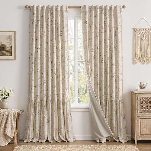 Ruffle Floral Blackout Curtains Farmhouse Linen, 52" W x 84" L, 2 Panels