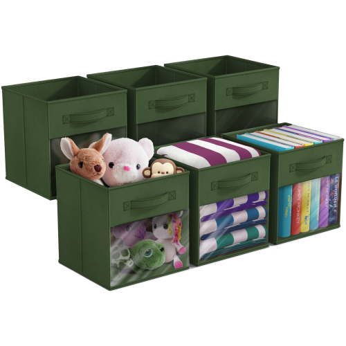 Sorbus 11” Foldable Storage Bins with Clear Window – Set of 6 Collapsible Fabric Baskets with Handles for Clothes, Toys, Books – Sturdy Organizer Cubes for Shelves & Closets, Dark Green