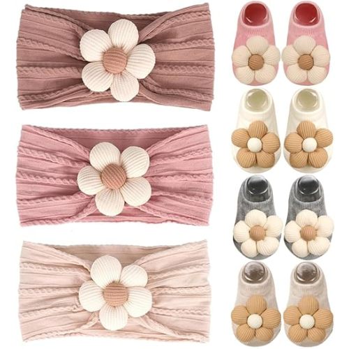 3 Pcs Baby Girl Headbands and 4 Pairs Baby Girl Socks Newborn Essentials Flower Hairbands Non- Slip Grips Socks