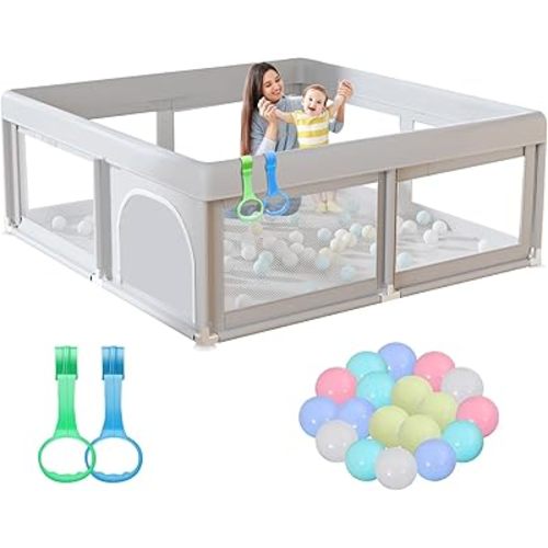 Hiaksedt 50 x 50 inch Baby Playpen with Ocean Balls and Pull Rings, Playpen for Babies and Toddlers, Baby Fence Playards, Safe Structure and Soft, Skin-Friendly Fabric with Zipper Gates.