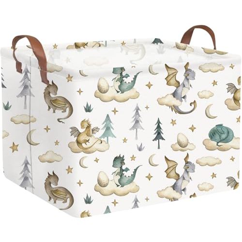 FXOCSHE Rectangular Dinosaur Baskets,Watercolor cute dragon fairy tale kids nursery basket,Cloud moon star dragon egg laundry basket for kid,Toys Box,Dinosaur Room Decor(Cute dinosaur)