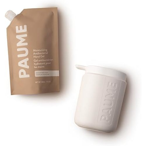 PAUME Sanitizer At Home Duo, Refillable Pump and 17 oz Antibacterial Gel Refill, Plant-Based Hydration & Essential Oils, Stylish & Modern Dispenser for Kitchen, Nursery, or Bathroom