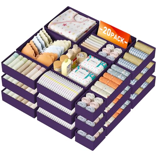 DIMJ Drawer Organizer Clothes Storage - 20 Pack Baby Dresser Organizer for Nursery, Foldable Closet Drawer Bins for Bedroom Organization, Fabric Storage Dividers for Socks, Underwears, Purple