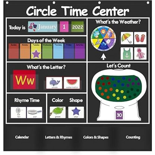 Auchq Circle Time Learning Center Pocket Chart, Heavy-Duty Kids Calendar for Classroom, Educational Pocket Chart Learning Calendar Weather Letter Counting Rhyme Color Shape(Black)