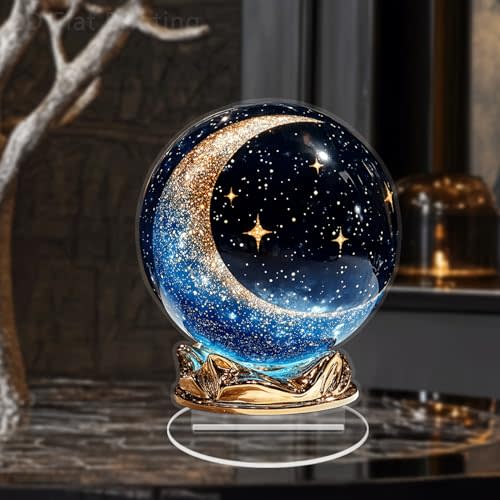 Crystal Ball Night Light with Stars and Moon Design, Decorative Glass Globe, Blue and Gold, for Desktop, Bedroom, Garden