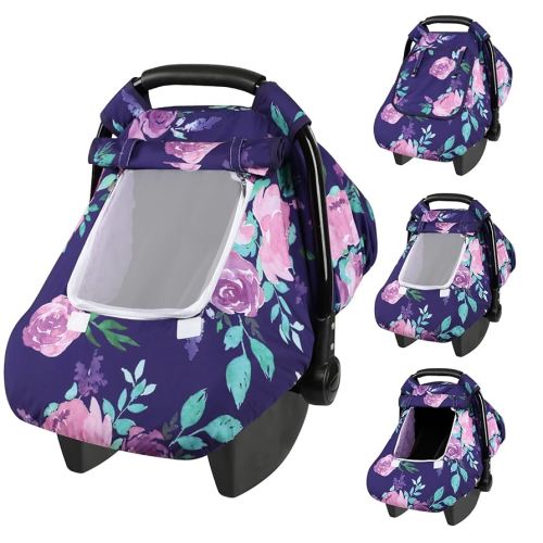 Windproof Baby Car Seat Cover, 3D Mink Dot Infant Car Seat Canopy with Breathable Mesh Window, Baby Carrier Cover for All Seasons, Easy Access Carseat Carrier Snug Fit Infant Stroller(Purple Flower)