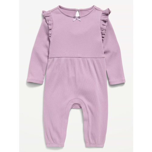 Printed Long-Sleeve Ribbed Ruffle-Trim Jumpsuit for Baby
