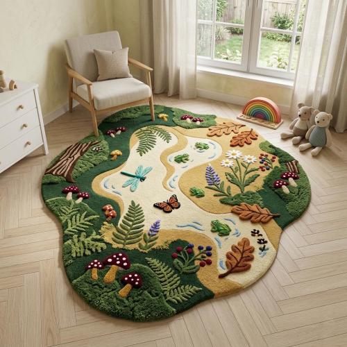 Kids Nature Play Rug Pond Forest Tufted Wool Nursery frog Carpet kids room decor