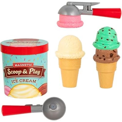 Popular Playthings Magnetic Scoop and Play Ice Cream Set, Pretend Dessert Shop Toy for Kids, Play Food Cones and Scooper Gift for Children - 8 Pieces