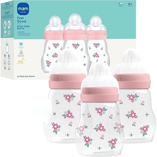 MAM Premium Glass Baby Bottles, Easy Switch Between Breast and Bottle, Feel Good Slow Flow, Newborn Essentials Must Have, 0+ Months, BPA Free, 6oz, Girl, 3 Pack