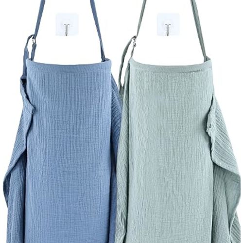 Cinaci 2 Pack Pure Cotton Muslin Lightweight Breathable Breastfeeding Nursing Cover Blankets with Adjustable Metal Clasp (Blue+Bean Green)