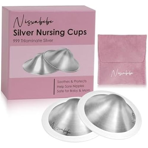 Nisxabebe The Original Silver Nursing Cups-Nipple Shields for Breastfeeding Newborn-Breast Feeding Essentials Must Haves-Nipple Covers to Protect Nursing Nipples,Trilaminate 999 Silver,Regular Size