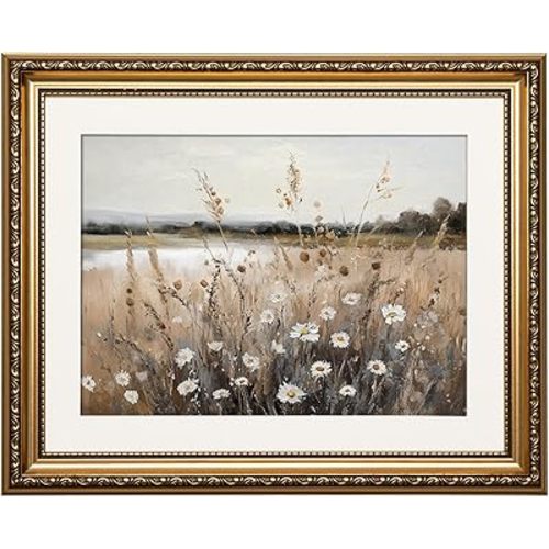 ARPEOTCY Gold Framed Canvas Wall Art, Wildflower Autumn Field Art Prints, Rustic Fall Landscape Decor for Living Room Bedroom Fireplace, Vintage Farmhouse Cottagecore Neutral Decor, 13x16 Inch