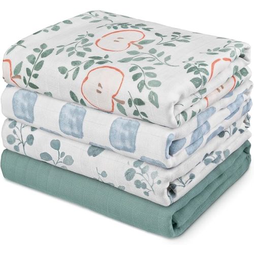 Gllquen Baby Muslin Swaddle Blankets 4-Pack Breathable Receiving Blankets (35" x 40") Soft Baby Blankets for Girls and Boys Newborn Essentials Muslin Burp Cloths Swaddle Wrap Baby Gift(Apple Paradise)