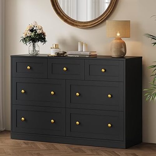 RoyalCraft 7 Drawer Dresser, Black Dresser for Bedroom, Wood Chest of Drawers, Modern Dresser TV Stand for Living Room, Closet, Entryway