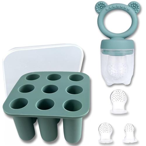 JEXFUN Silicone Baby Fruit Food Feeder Pacifier & Breastmilk Popsicle Freezer Molds, Baby Food Storage Containers Breast Milk Ice Cubes for Baby Teething & Infant Self Feeding, BPA Free (Blue)