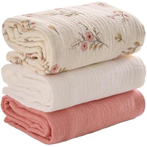 Swaddle Blankets for Newborn, 3 Pack Breathable Soft Receiving Blanket, Large 38 x 40 inches Swaddle Wrap Burping Clothes (3-piece Set (Pink + White + Spring Floral Pink))