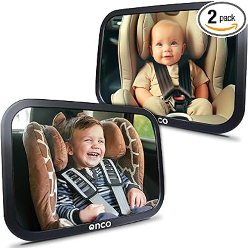 Onco Baby Car Mirror Rear Facing (2 Pack) - 100% Shatterproof & Shakeproof, Award-Winning Convex Car Mirror for Baby with 360° Rotation, Newborn Essentials (9.6 x 6.9 in)