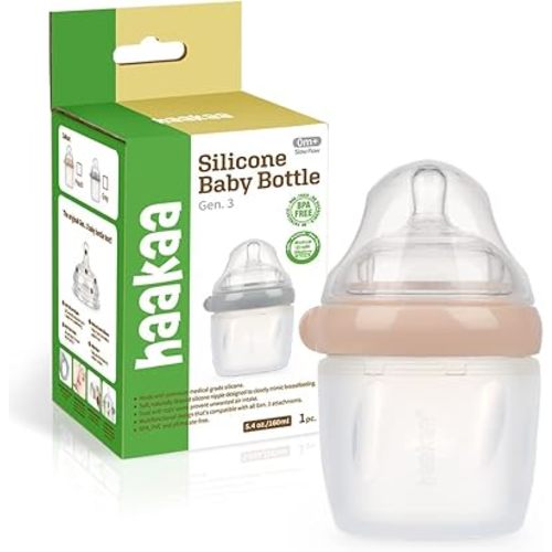 haakaa Gen.3 Silicone Baby Bottle Anti-Colic Baby Bottle with Slow Flow Nipple for Infant Newborn, 5.4oz/160ml, Peach
