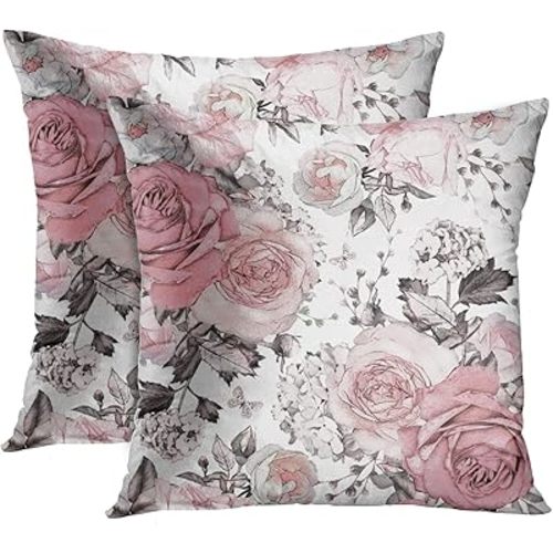 Golee Throw Pillow Cover Gray Abstract with Pink Flowers and Leaves on White Watercolor Floral Pattern Rose in Pastel Color Decorative Pillow Case Home Decor Set of 2 Square 18x18 Inches Pillowcase